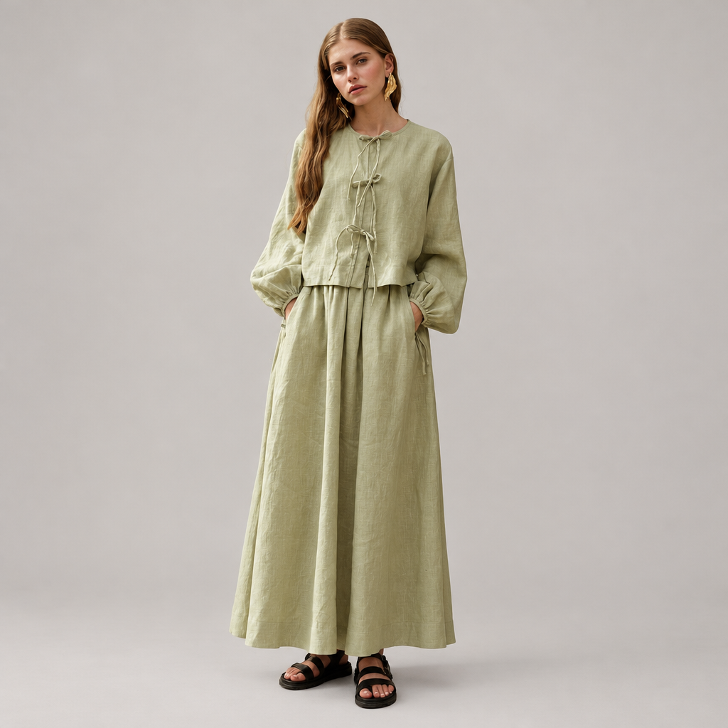 Skyler Loose Fit Linen Maxi Skirt in Sage Green worn by a model