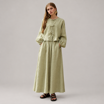 Skyler Loose Fit Linen Maxi Skirt in Sage Green worn by a model