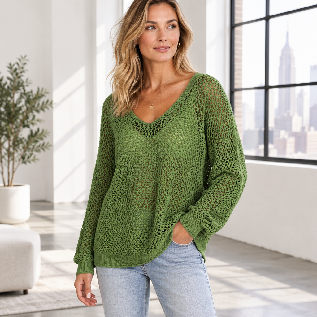 Woman wearing the Skyler Loose-Fit Open Knit Sweater