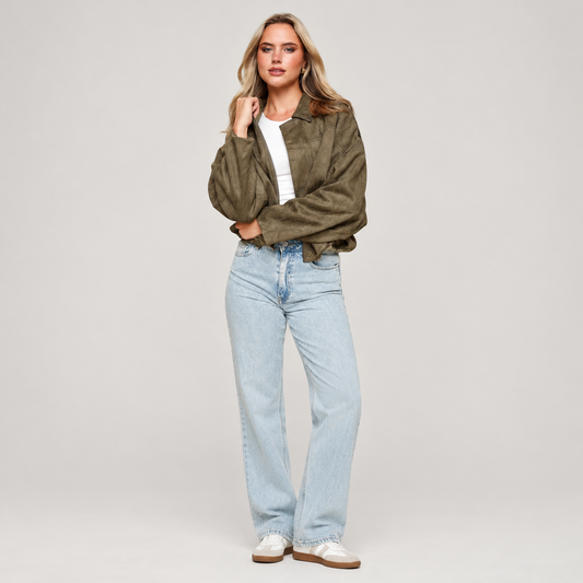 Skyler Oversized Faux Suede Bomber Jacket in Khaki worn by a model