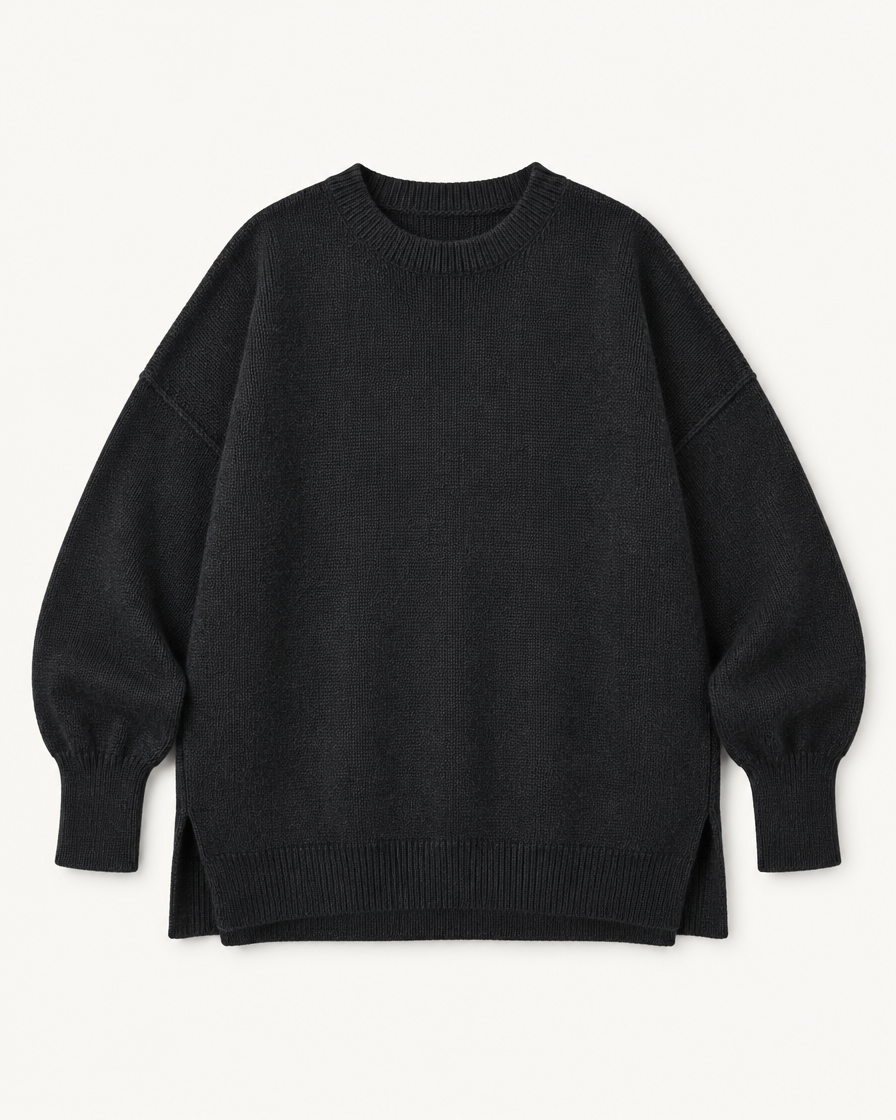 Black oversized knit pullover sweater, flat lay studio photo
