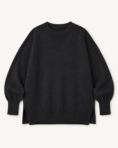 Black oversized knit pullover sweater, flat lay studio photo