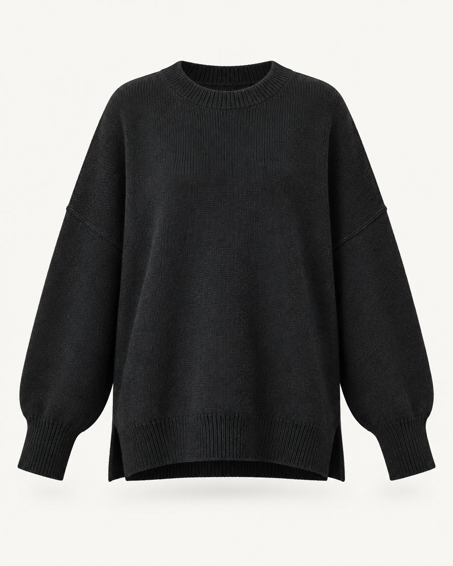 Black oversized knit pullover sweater, front view studio photo