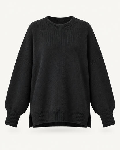 Black oversized knit pullover sweater, front view studio photo