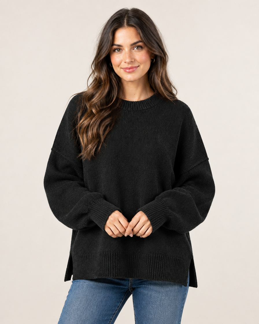 Model wearing black oversized knit pullover sweater, front view