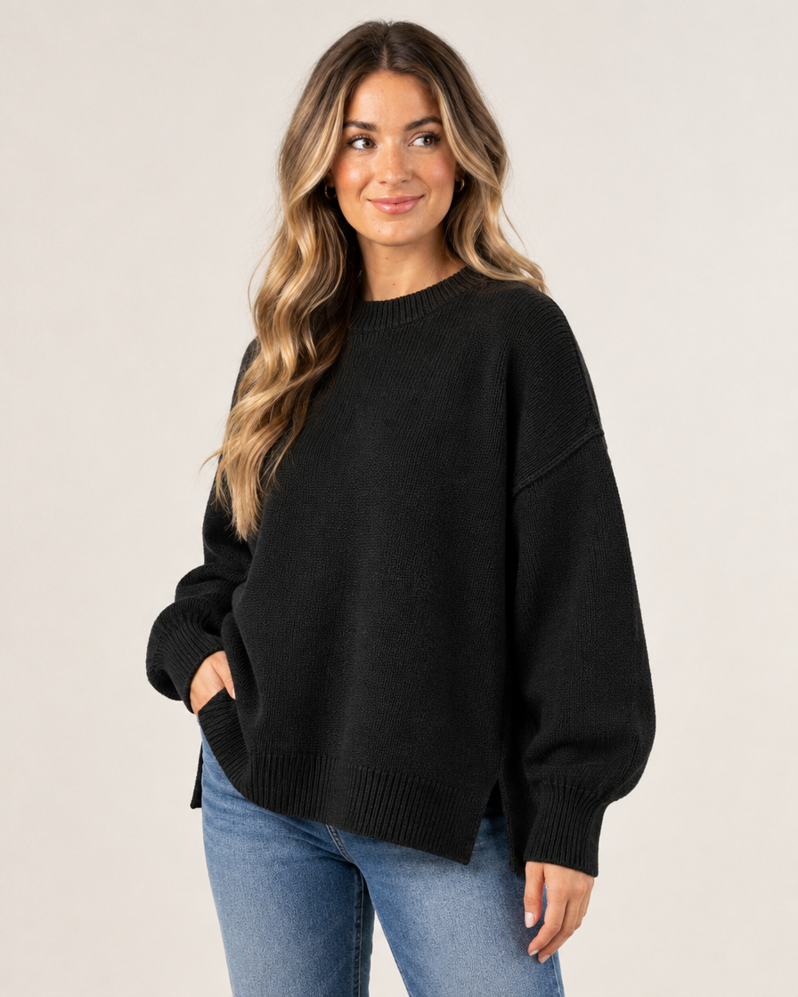 Model wearing black oversized knit pullover sweater, three-quarter view