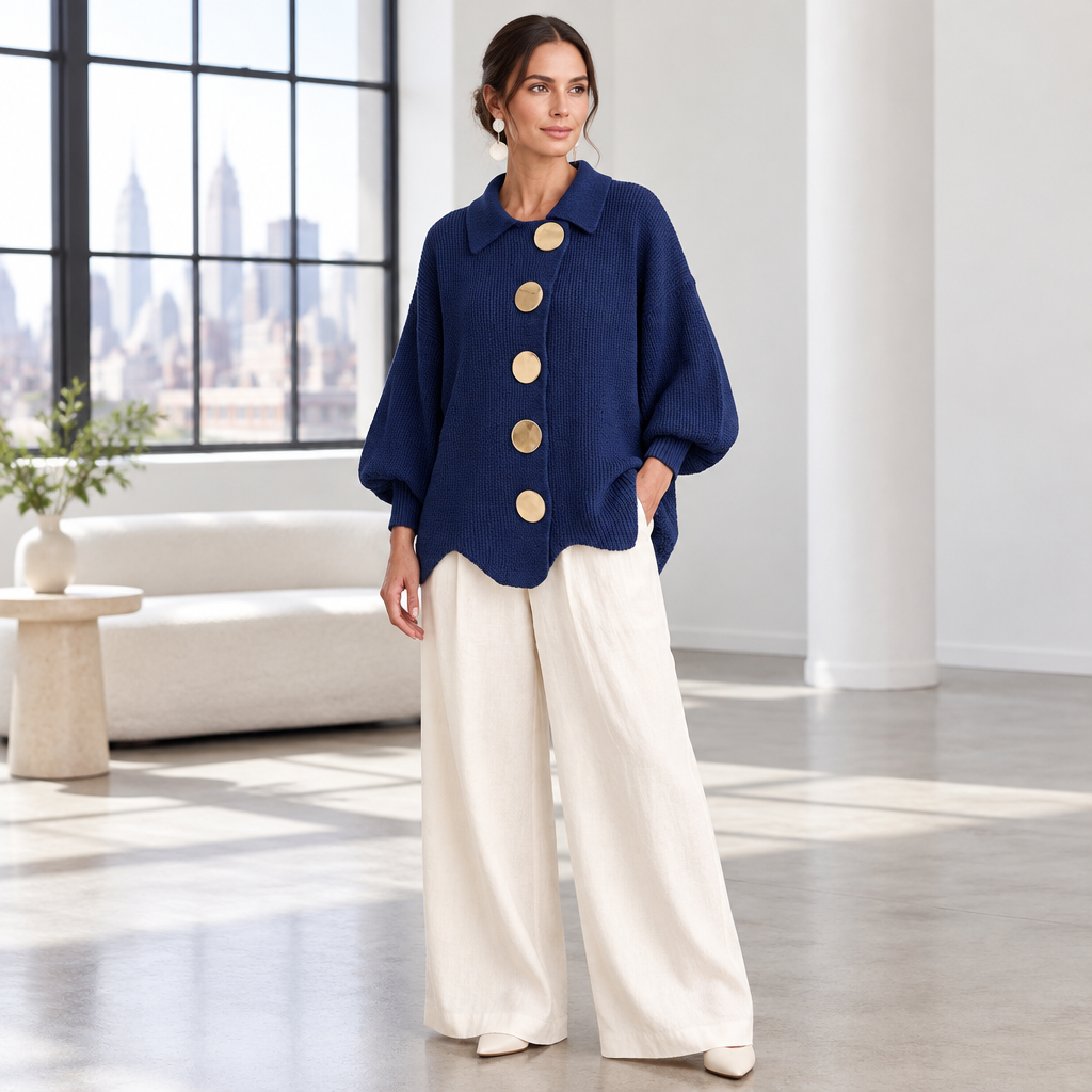 Woman wearing the Skyler Oversized Lantern Sleeve Button Cardigan