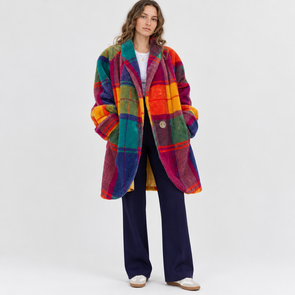 Woman wearing the Oversized Plaid Coat