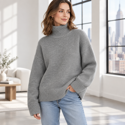 Woman wearing the Skyler Oversized Ribbed Turtleneck Sweater