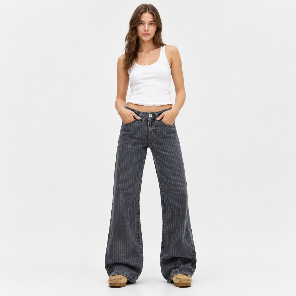 Model wearing Skyler Pinstripe Wide Leg Jeans