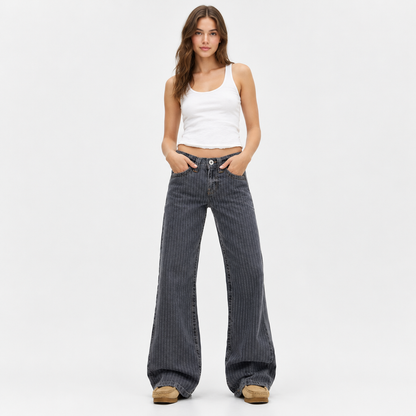 Model wearing Skyler Pinstripe Wide Leg Jeans