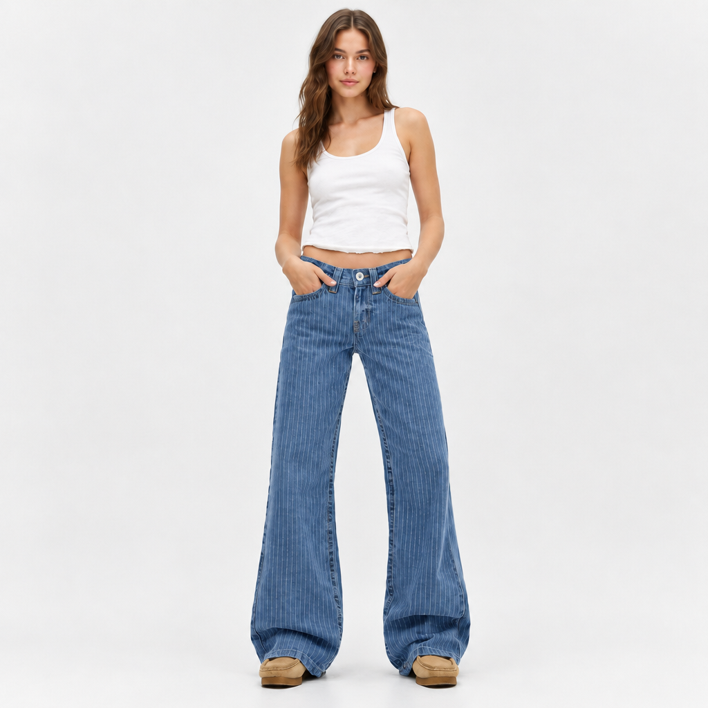 Skyler Pinstripe Wide Leg Jeans - Blue