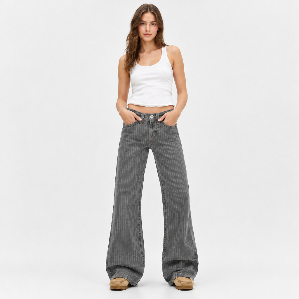 Skyler Pinstripe Wide Leg Jeans - Gray