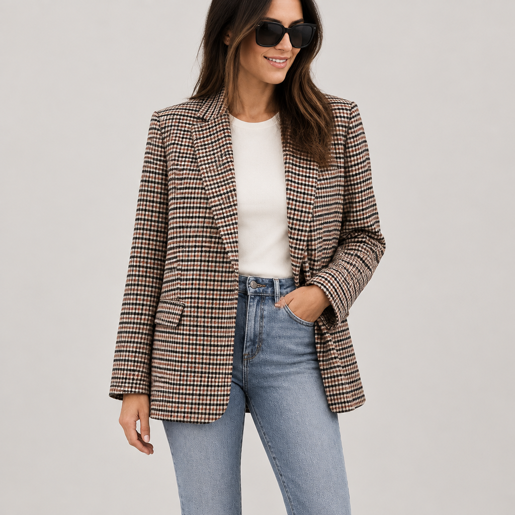 Skyler Plaid Boyfriend Blazer worn by a model