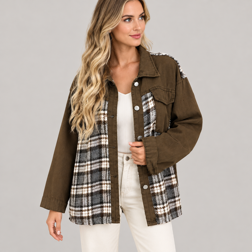 Skyler Plaid Patchwork Denim Jacket worn by a model