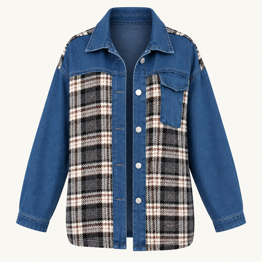 Skyler Plaid Patchwork Denim Jacket in Dark Blue