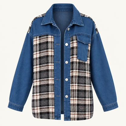 Skyler Plaid Patchwork Denim Jacket in Dark Blue