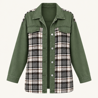 Skyler Plaid Patchwork Denim Jacket in Green