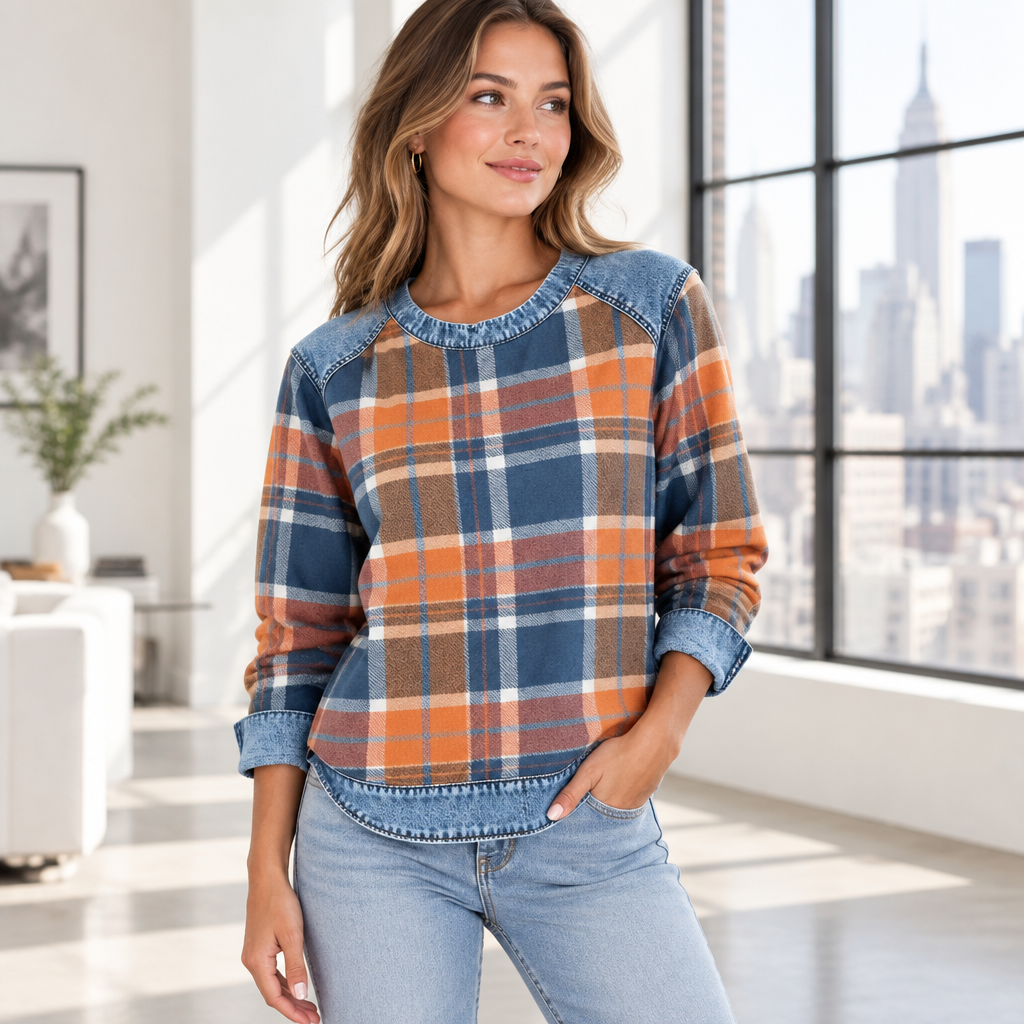 Woman wearing the Skyler Plaid Patchwork Sweatshirt in orange