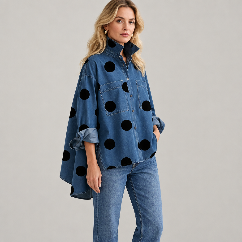 Woman wearing the polka dot stand collar denim top, front view