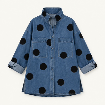 Polka dot stand collar denim top, flat product view