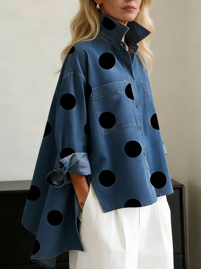 Polka dot stand collar denim top