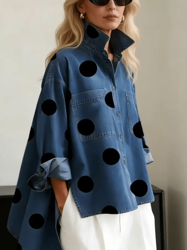 Polka dot stand collar denim top