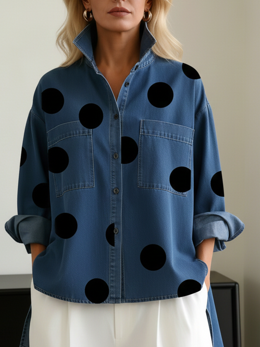 Polka dot stand collar denim top