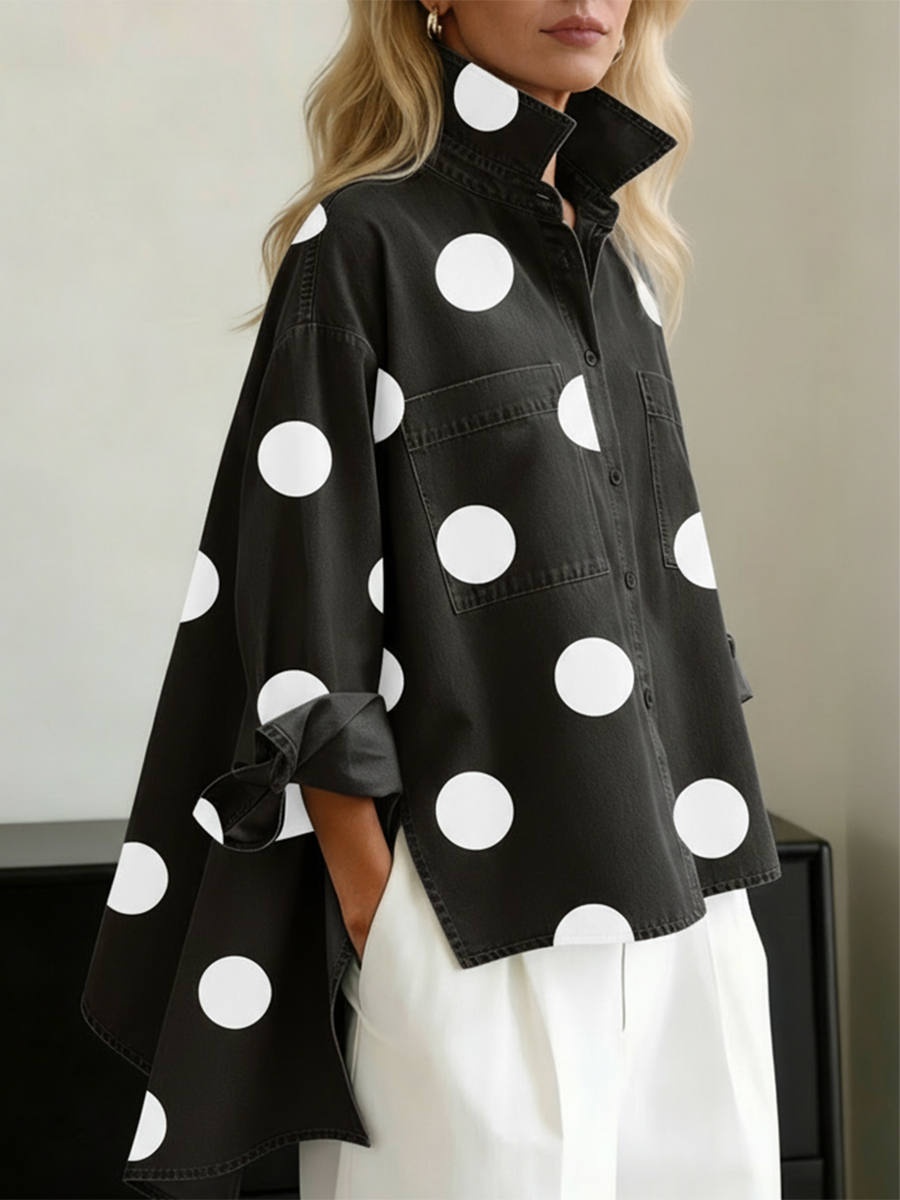 Polka dot stand collar denim top