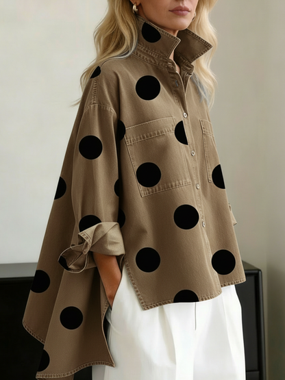 Polka dot stand collar denim top