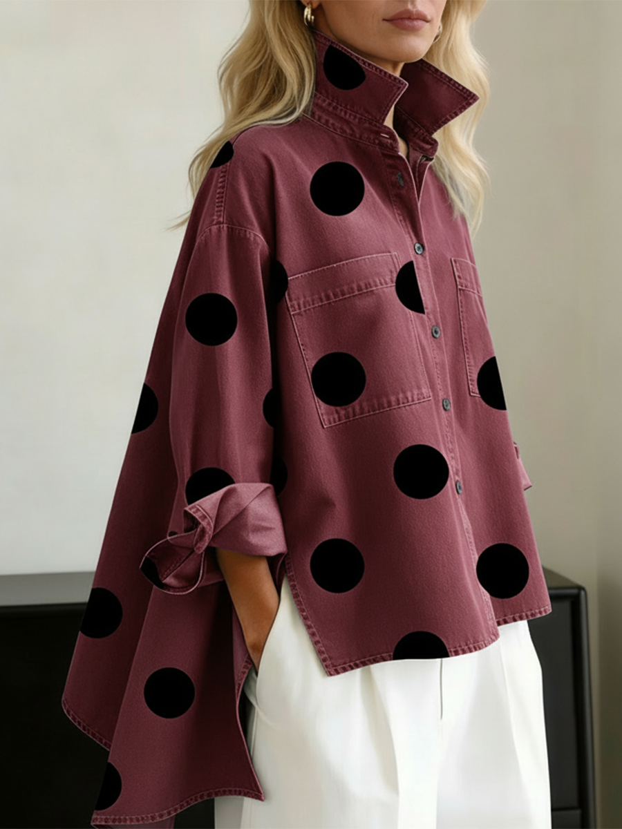 Polka dot stand collar denim top