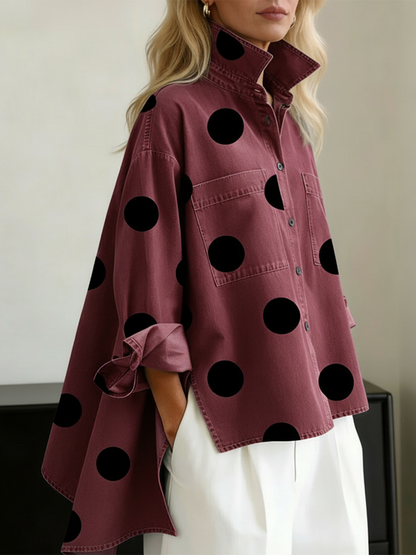 Polka dot stand collar denim top