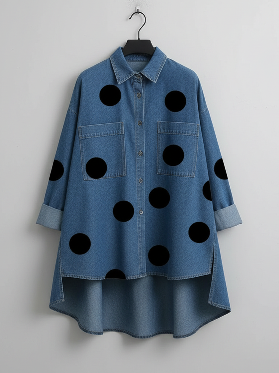 Polka dot stand collar denim top
