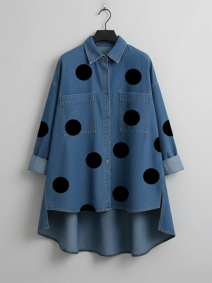 Polka dot stand collar denim top