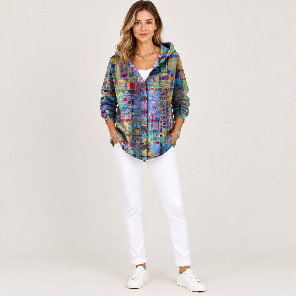 Woman wearing the Printed Hooded Knit Cardigan