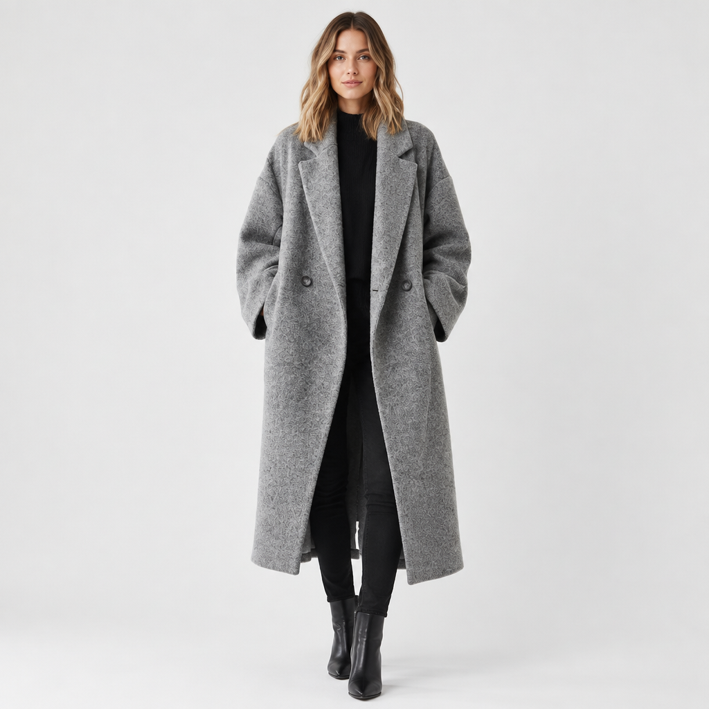 Woman wearing the Relaxed Double-Breasted Long Coat