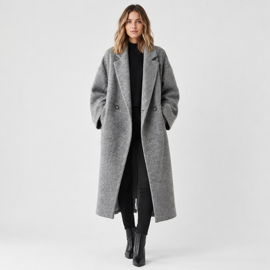 Woman wearing the Relaxed Double-Breasted Long Coat