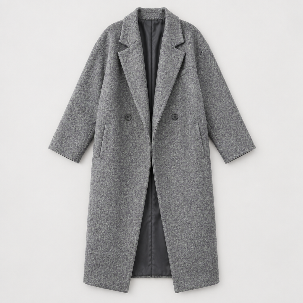 Relaxed Double-Breasted Long Coat, flat lay