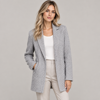 Woman wearing the Skyler Relaxed Long Sleeve Blazer in Gray