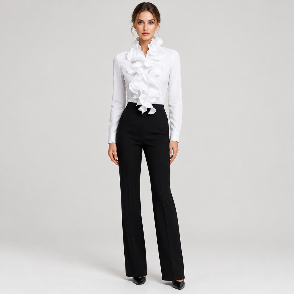 Model wearing Skyler Ruffle Collar Button-Up Blouse