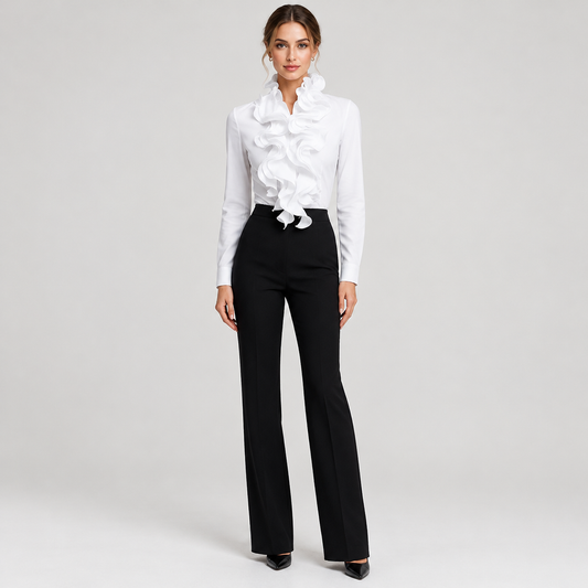 Model wearing Skyler Ruffle Collar Button-Up Blouse