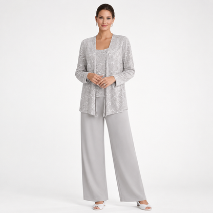 Model wearing Skyler Sequin Lace Three-Piece Pant Suit