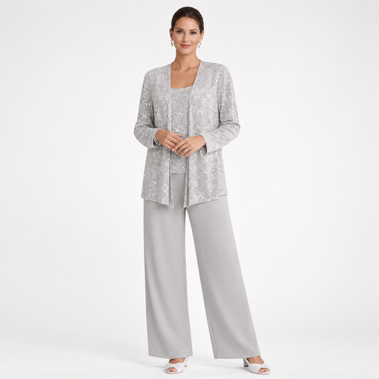 Model wearing Skyler Sequin Lace Three-Piece Pant Suit