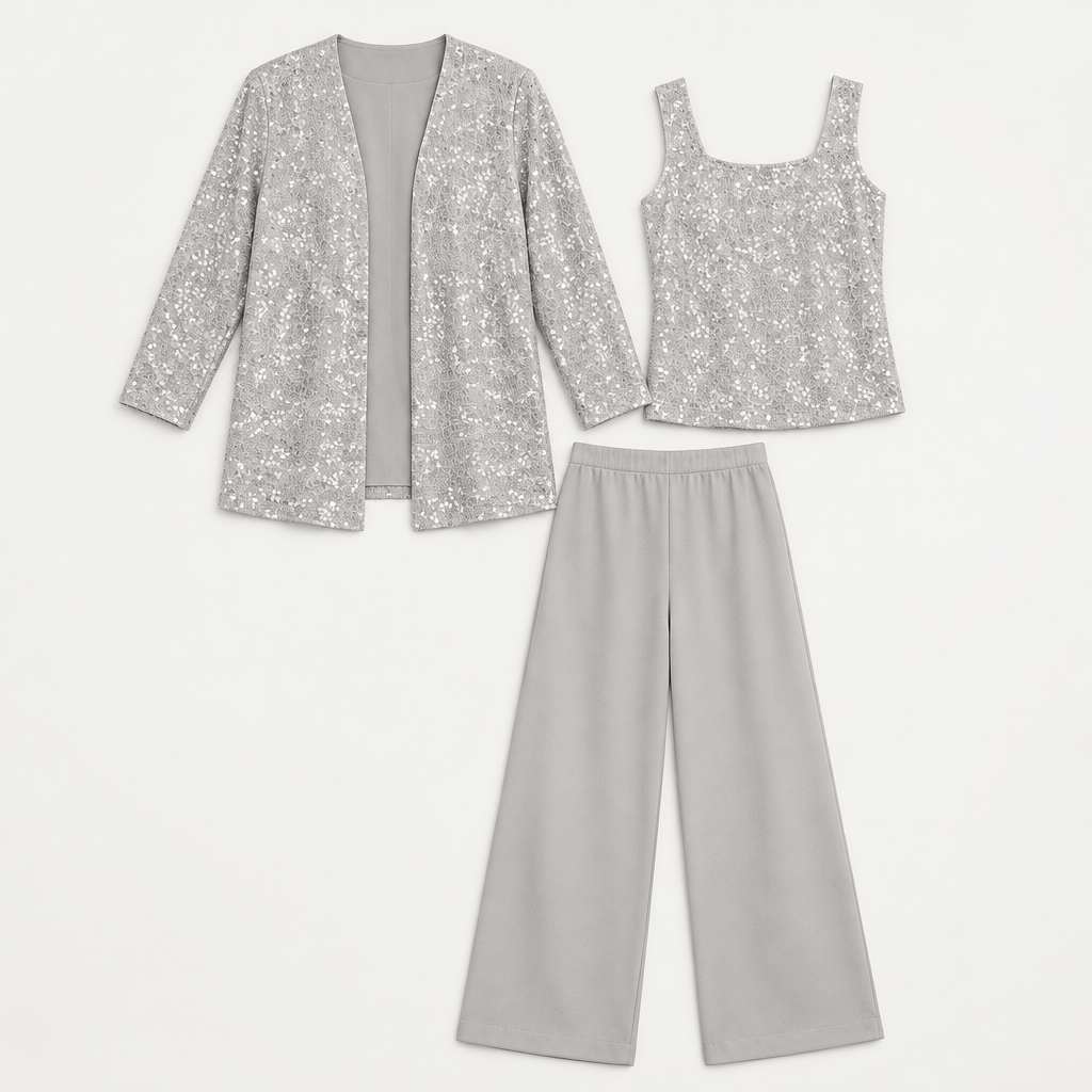 Skyler Sequin Lace Three-Piece Pant Suit flat lay