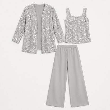 Skyler Sequin Lace Three-Piece Pant Suit flat lay