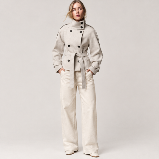 Model wearing Skyler Short Belted Trench Jacket