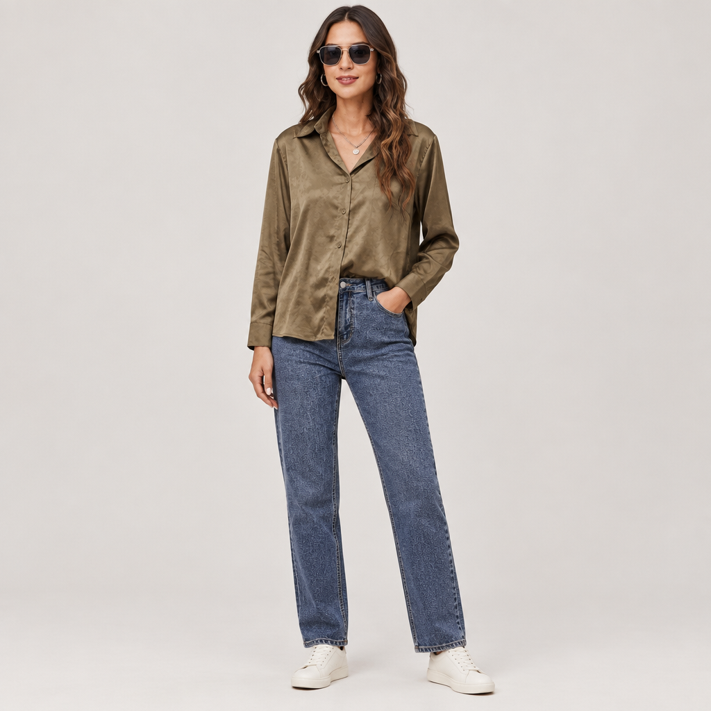 Woman wearing the Silky Button-Up Shirt