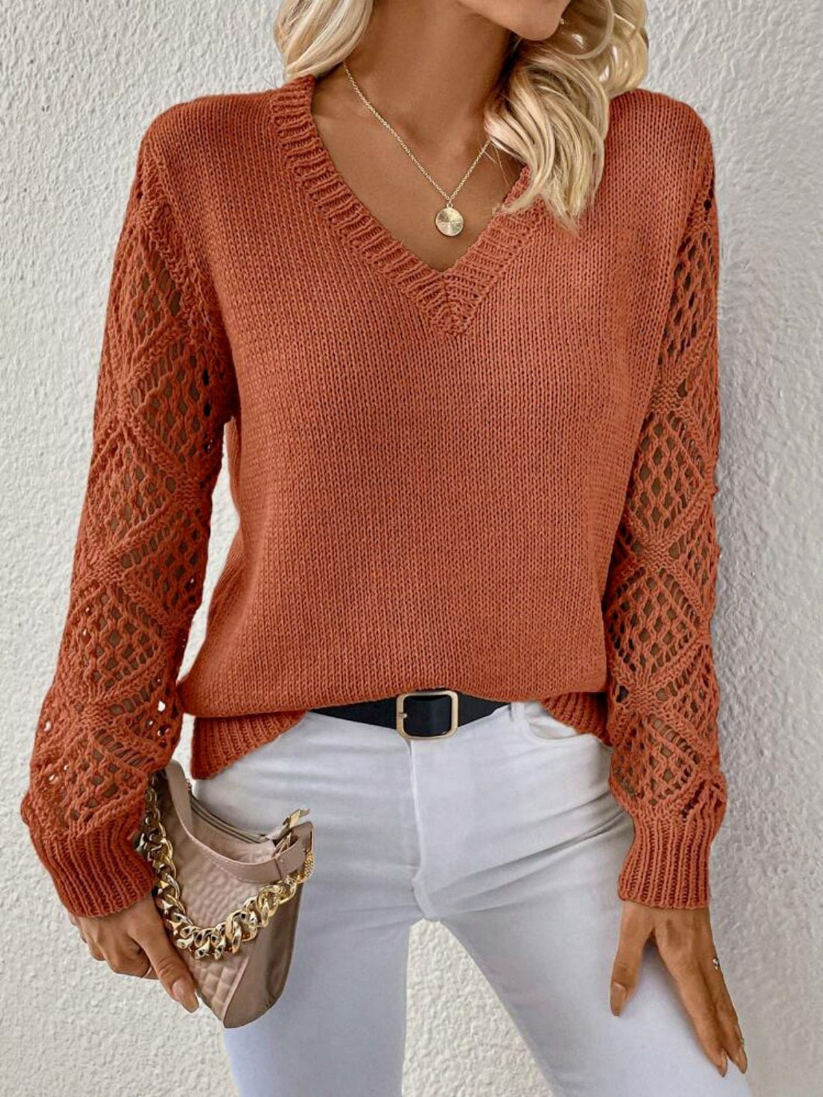 Skyler Soft V-Neck Sweater with Pointelle Sleeves - view 5