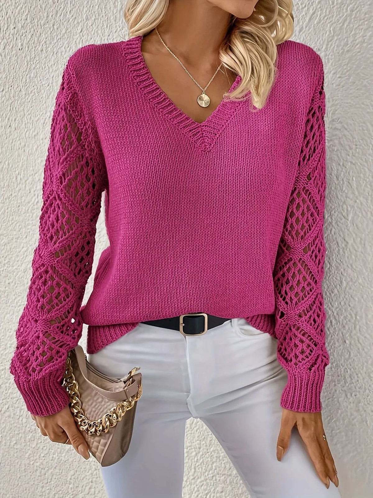 Skyler Soft V-Neck Sweater with Pointelle Sleeves - view 6