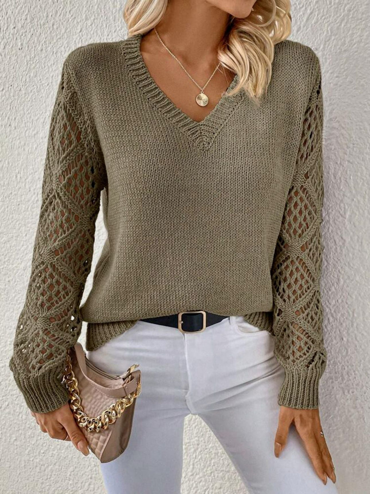 Skyler Soft V-Neck Sweater with Pointelle Sleeves - view 7